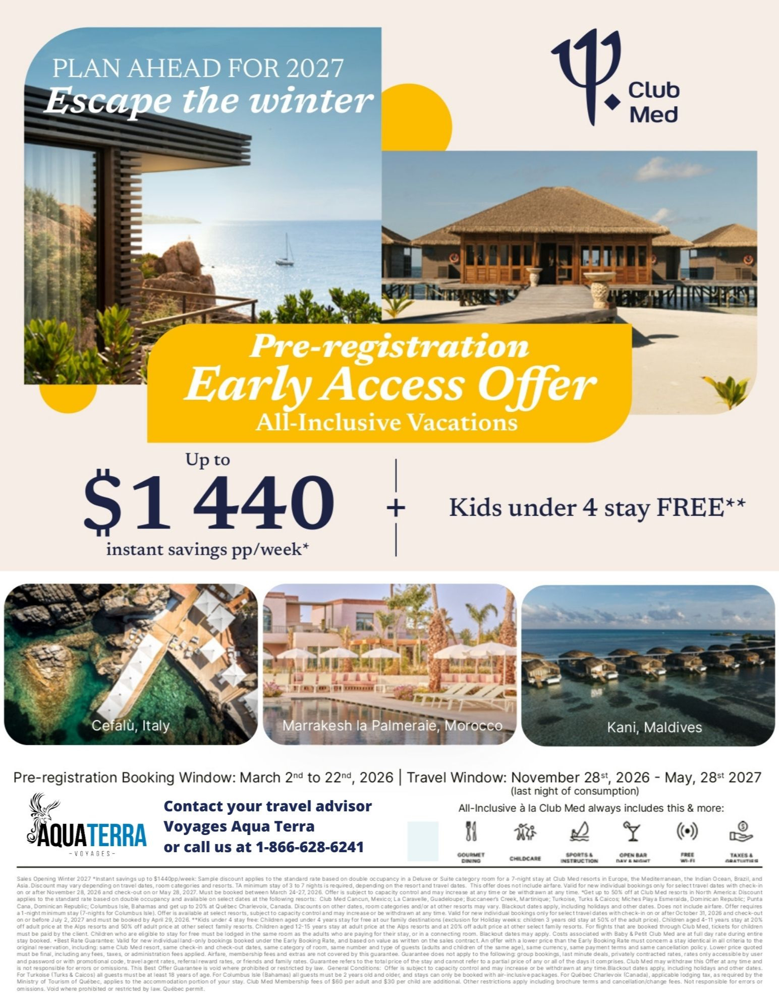 Club Med Promotions: Pre-registration and all-inclusive vacation bookings, up to $1440 off with Aqua Terra Travel