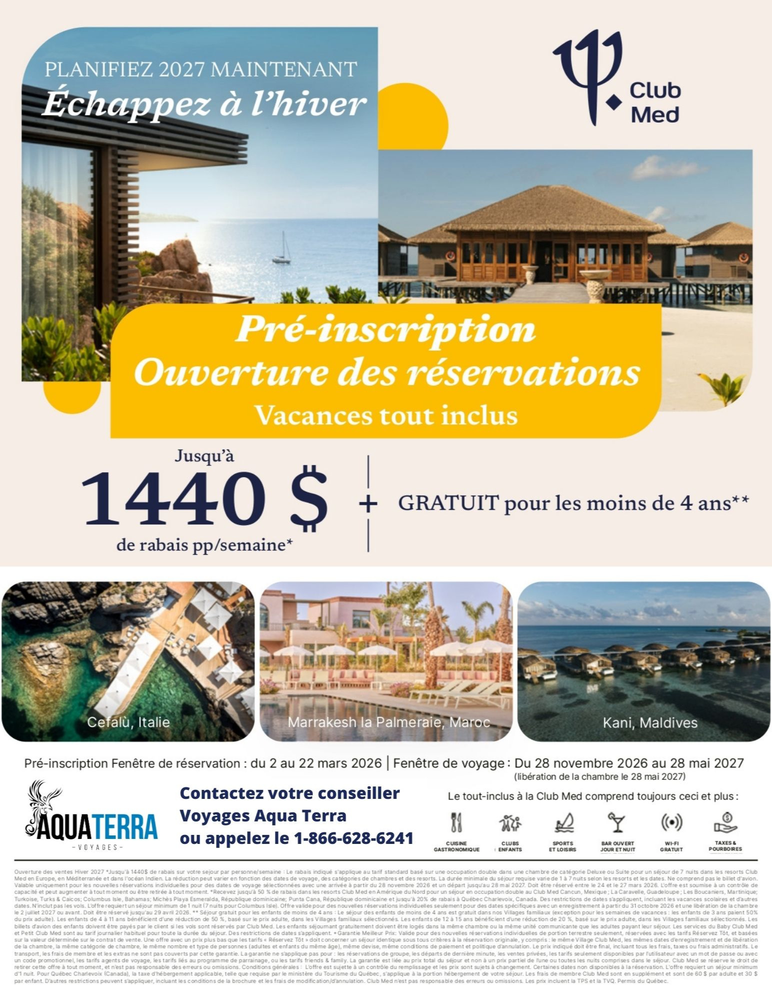 Promotions Club Med Pré-inscription réservations vacances tout-inclus, jusqu'à 1440$ de rabais avec Voyages Aqua Terra