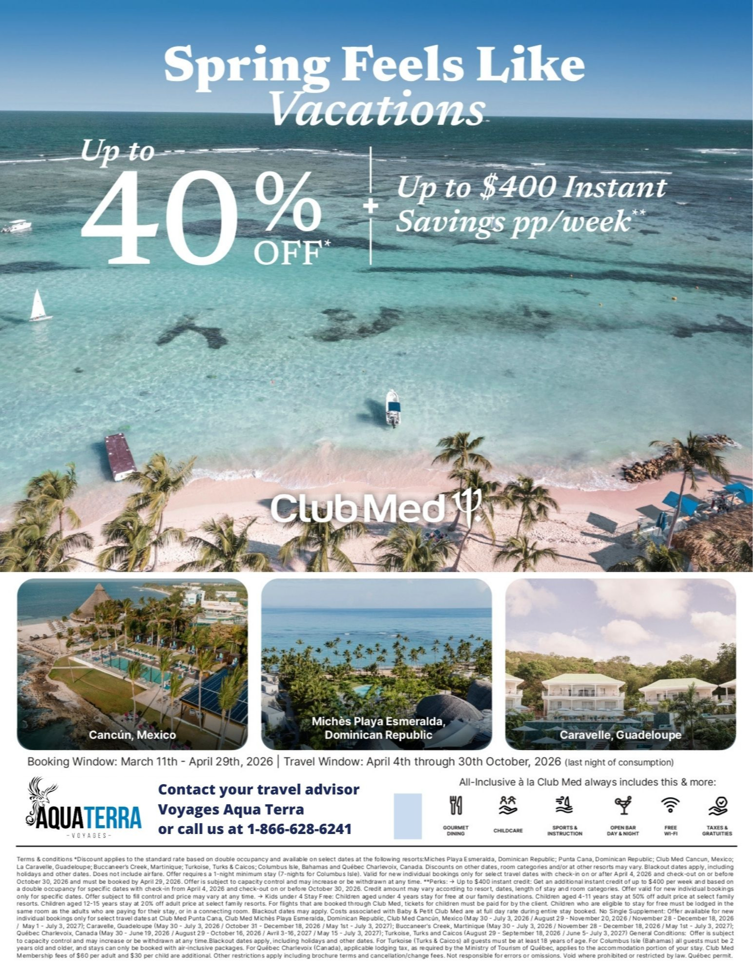 Club Med Spring Getaway Promotions: 40% off and up to $400 off with Aqua Terra Travel
