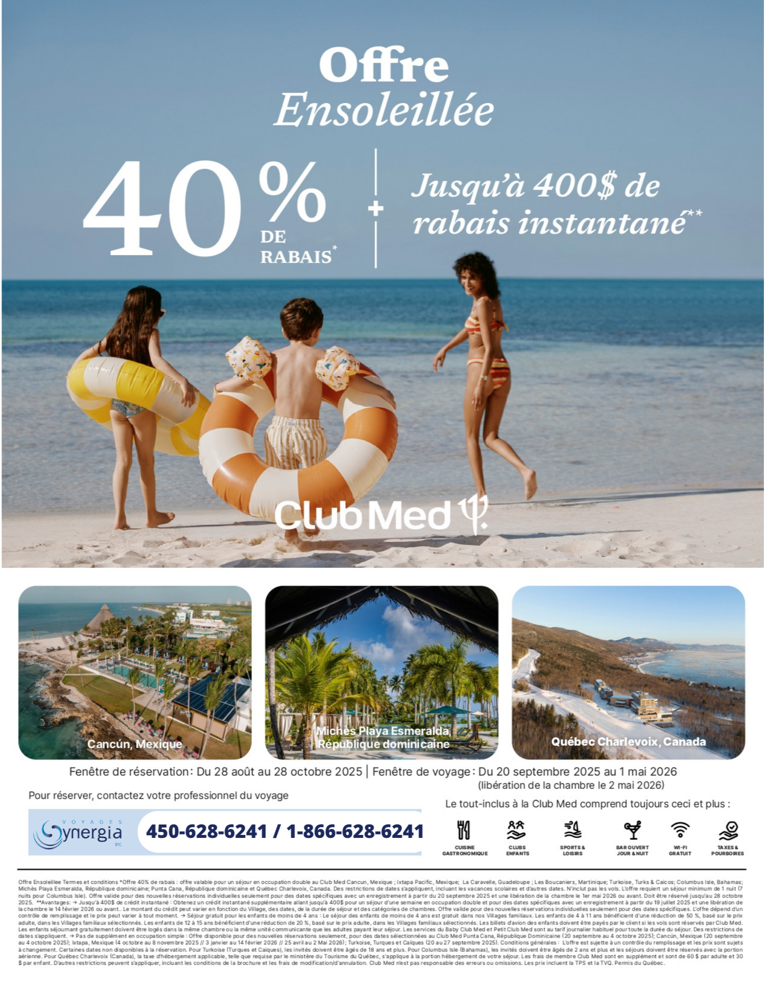 Promotions Club Med Offre Ensoleillée 40% de rabais + 400$ de rabais instantané avec Voyages Aqua Terra