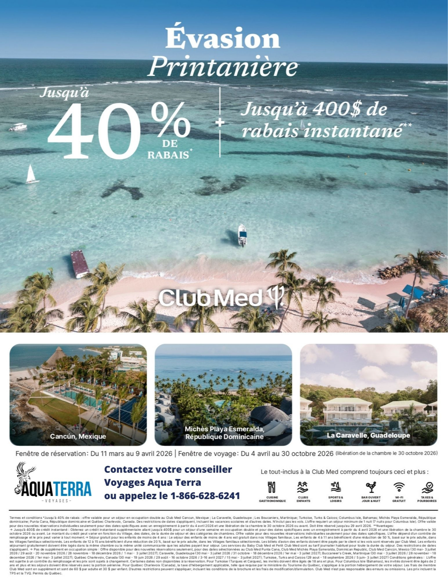 Promotions Club Med Évasion Printanière, 40% de rabais et jusqu'à 400$ de rabais avec Voyages Aqua Terra