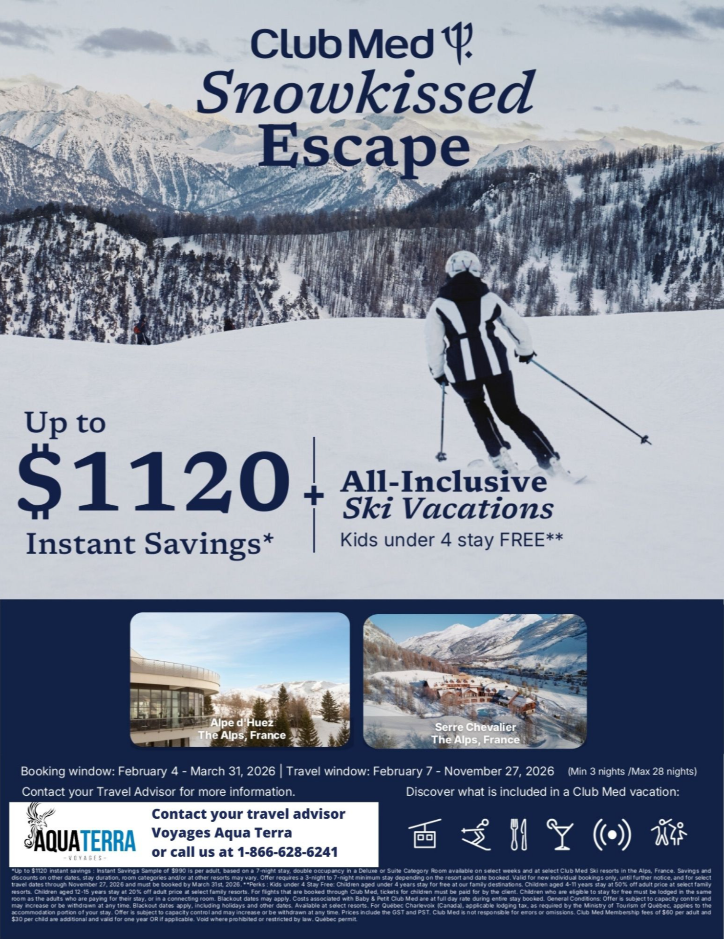 Club Med Promotions All-inclusive Ski Vacations Up to 1120$ Instant Savings off with Aqua Terra Travel
