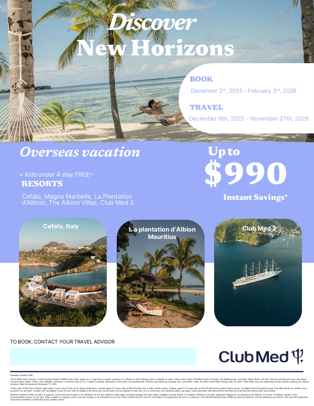 Club Med Promotions Overseas Vacation Up to 990$ Instant Savings off with Aqua Terra Travel