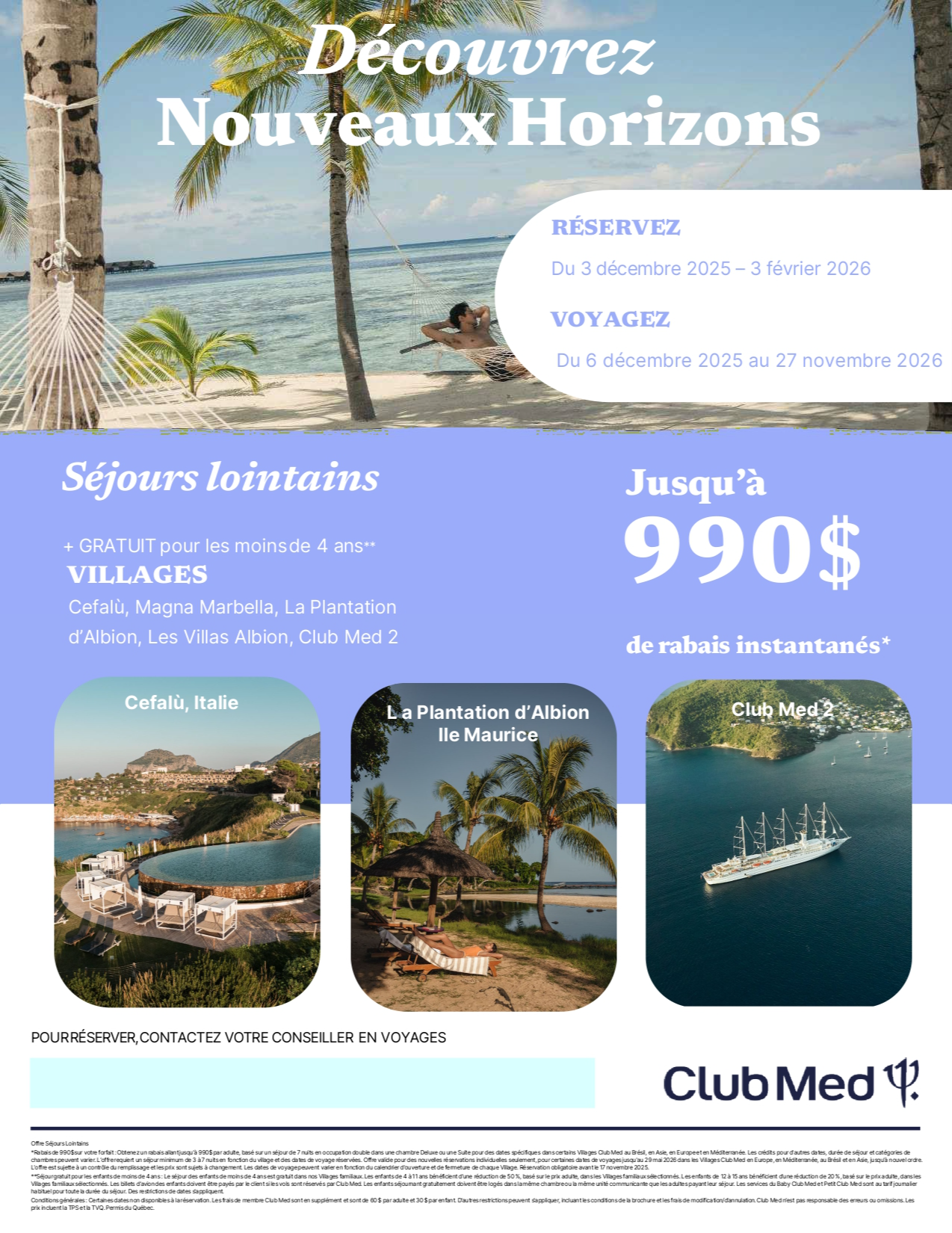 Promotions Club Med Offre Séjours Lointains Jusqu'à 990$ de rabais avec Voyages Aqua Terra
