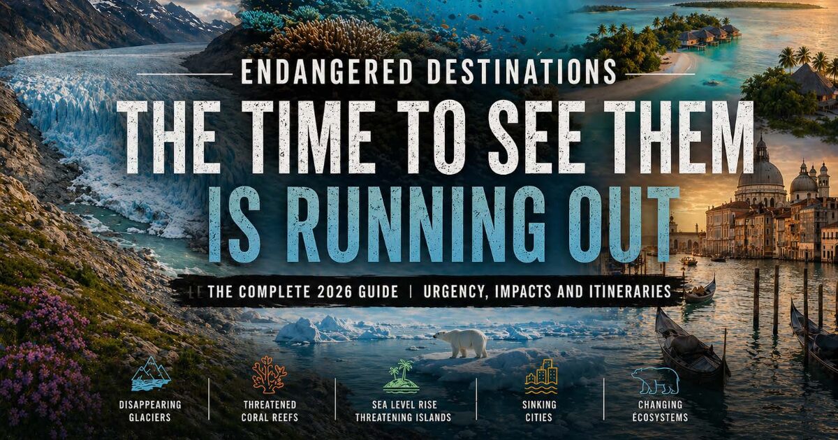 Panoramic montage depicting several endangered destinations: a mountain glacier, an underwater coral reef, a tropical island, Venice at sunset, and a polar bear on Arctic sea ice