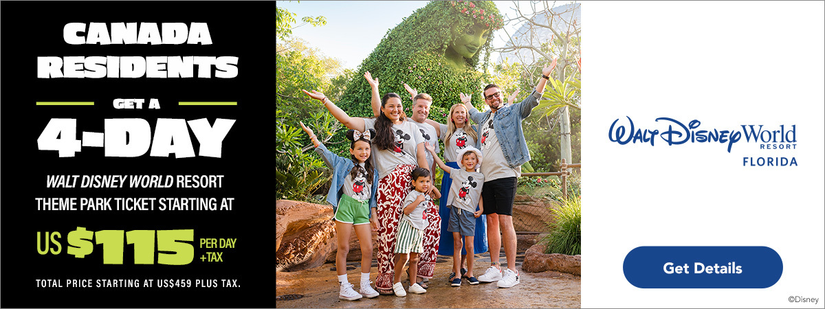 Walt Disney World Resort in Florida: Canadian residents get a 4-day ticket to Walt Disney World theme parks starting at $115 USD