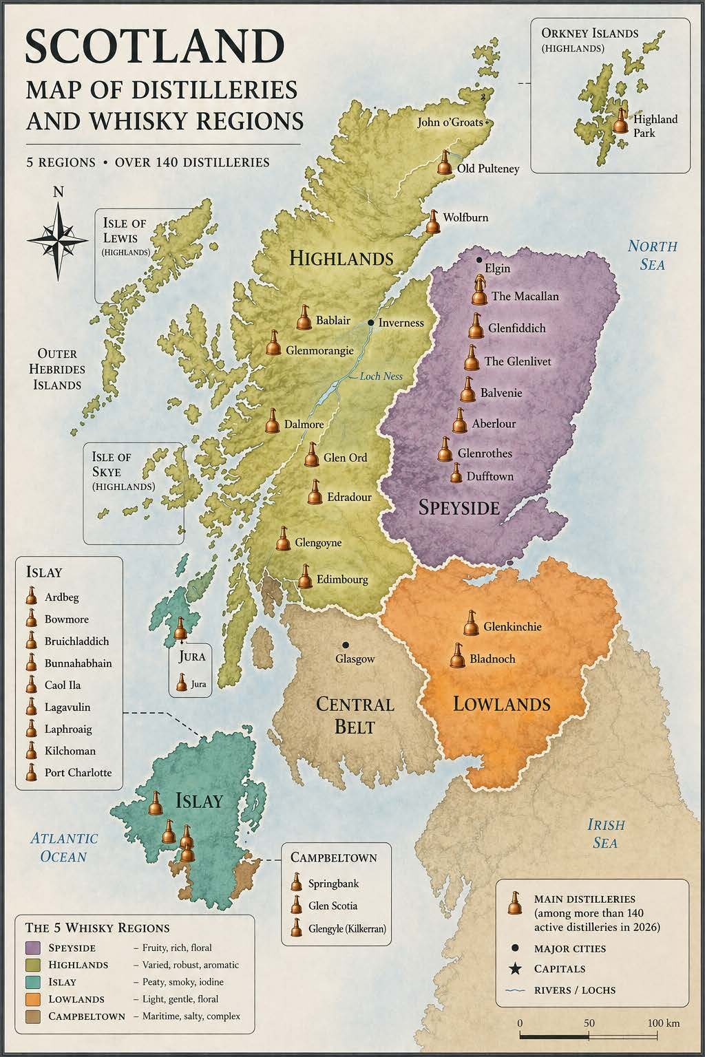 Illustrated map of Scotland in English showing the five main whisky regions — Highlands, Speyside, Islay, Lowlands, and Campbeltown — with major distilleries, cities, and Scottish islands. Illustrated map of Scotland in English showing the five main whisky regions — Highlands, Speyside, Islay, Lowlands, and Campbeltown — with major distilleries, cities, and Scottish islands.
