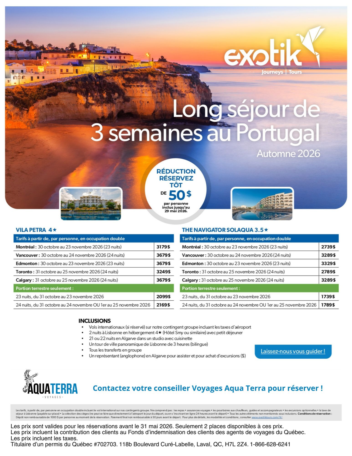 Exotik tours promotion stay portugal for 3 weeks with Voyages Aquaterra