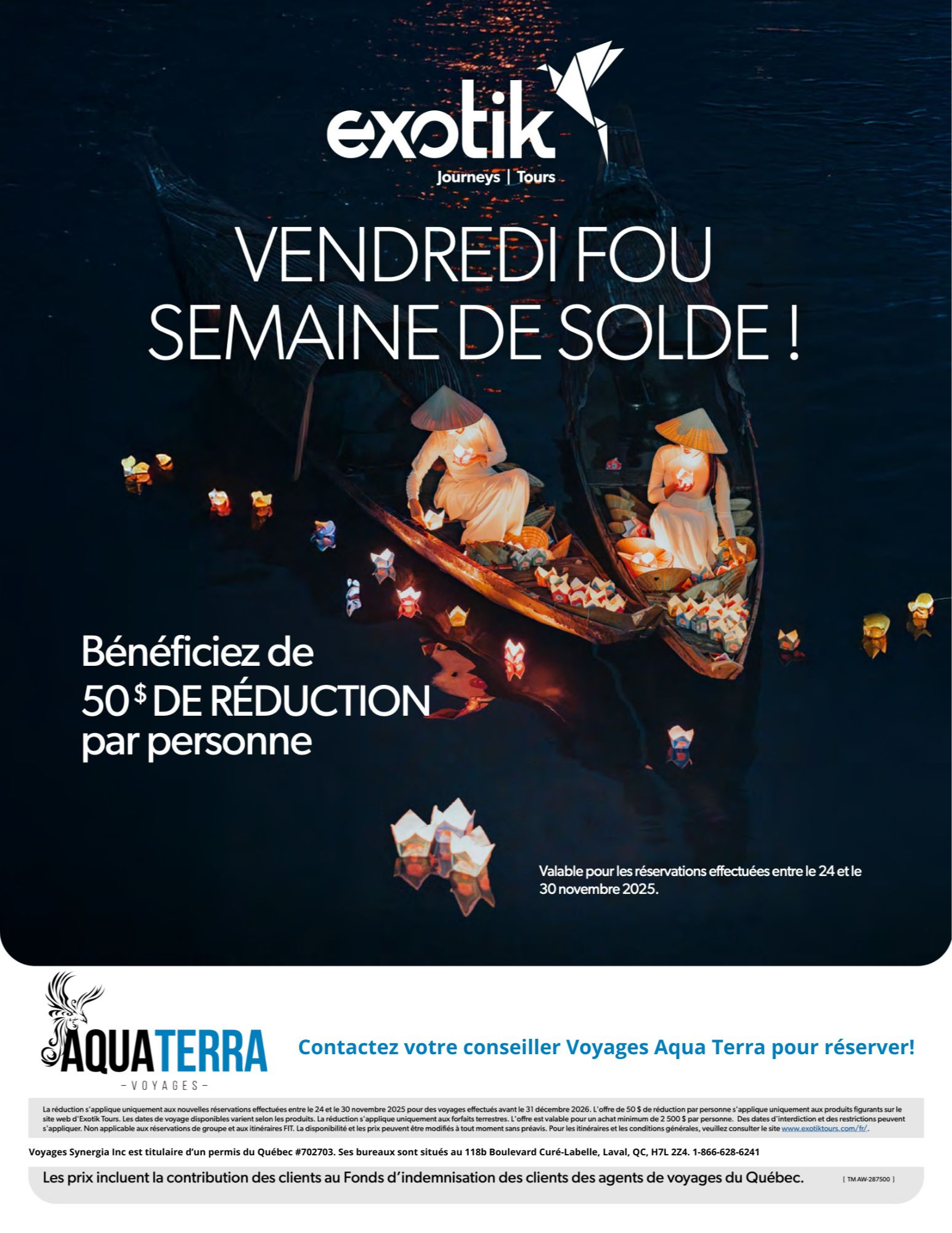 Promotion Exotik Tours Vendredi Fou 50$ de réduction par personne avec Voyages Aqua Terra