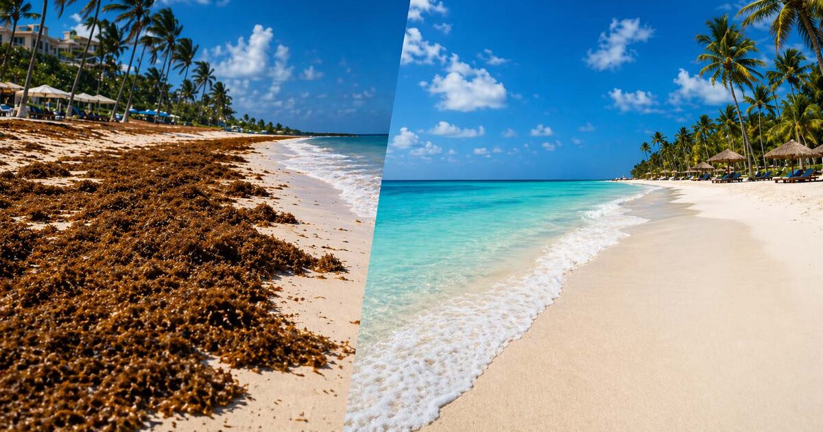 Image panoramique divis&eacute;e montrant &agrave; gauche une plage des Cara&iuml;bes couverte de sargasses brunes et &agrave; droite une plage tropicale propre avec sable blanc, eau turquoise et palmiers.