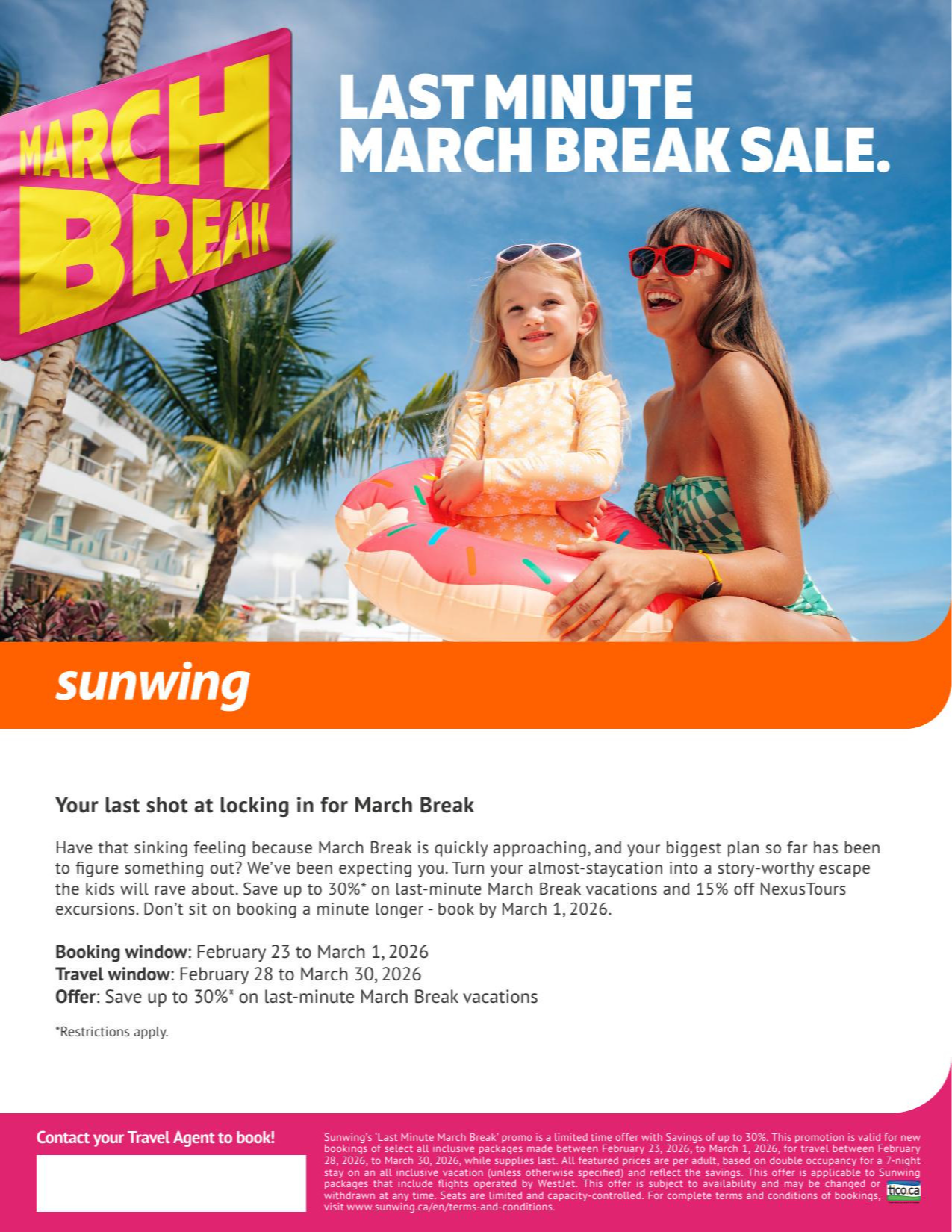 Sunwing vacation last minute march break sales with AquaTerra Travels