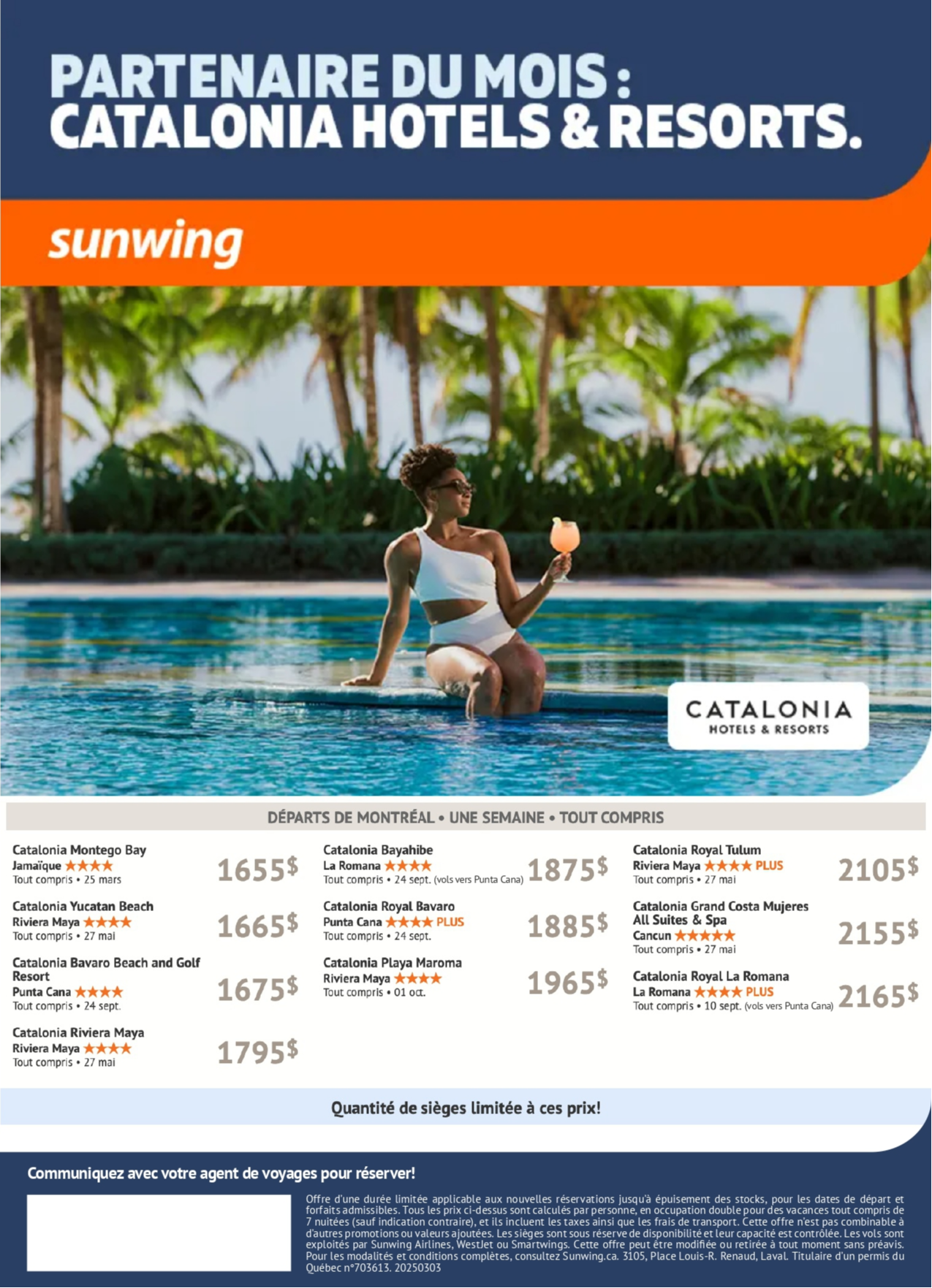 Promotion Vacances Sunwing Partenaire du mois Catalonia Hotels and Resorts avec Voyages Aqua Terra