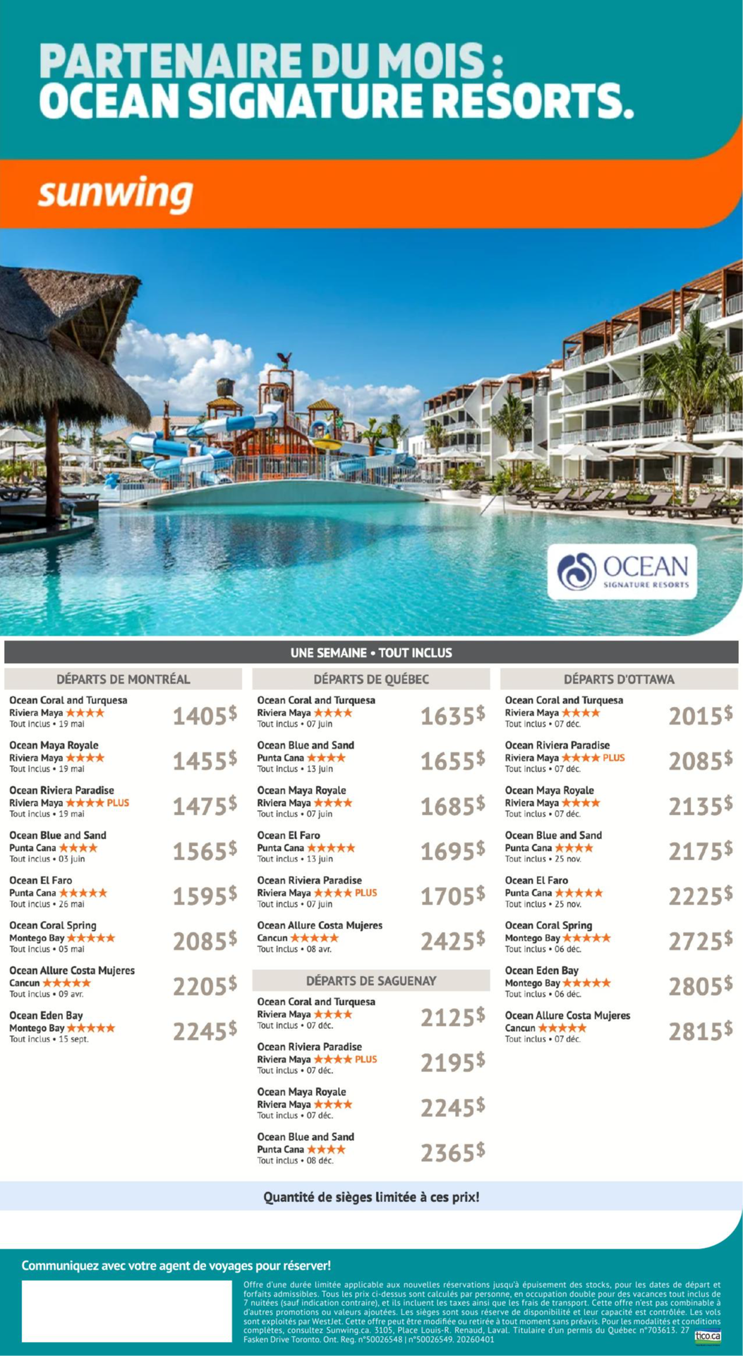 Promotion Vacances Sunwing Oc&eacute;an signature resorts&nbsp;avec Voyages Aqua Terra