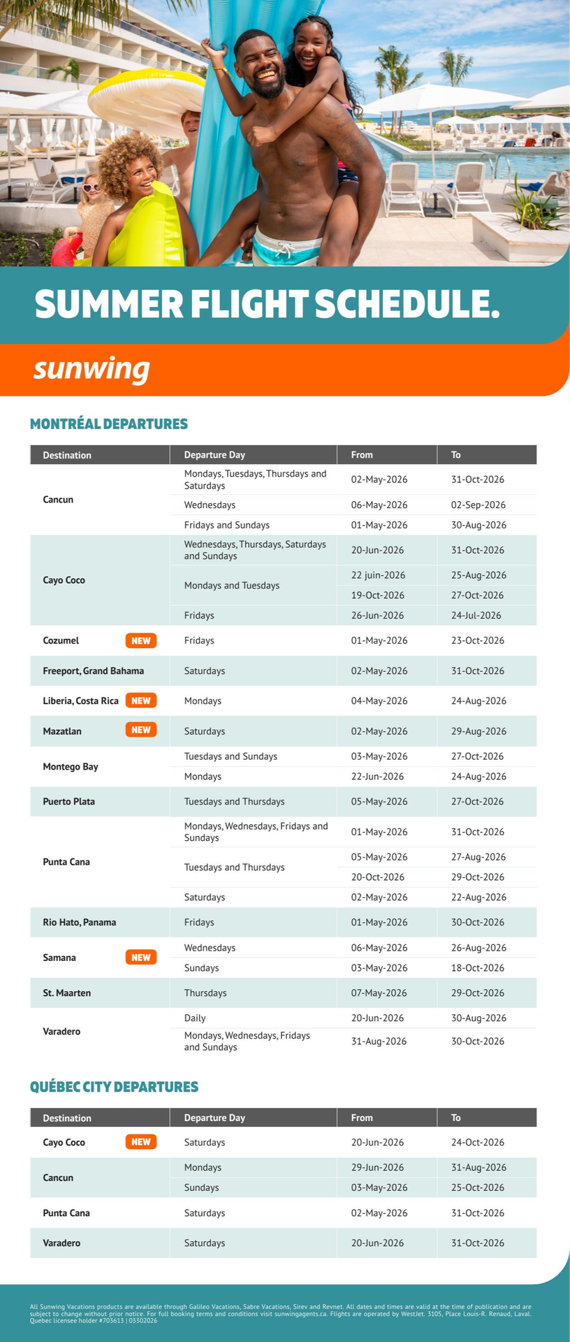 Sunwing Vacations Promotion Summer Dlight Schedule&nbsp;with Voyages Aqua Terra