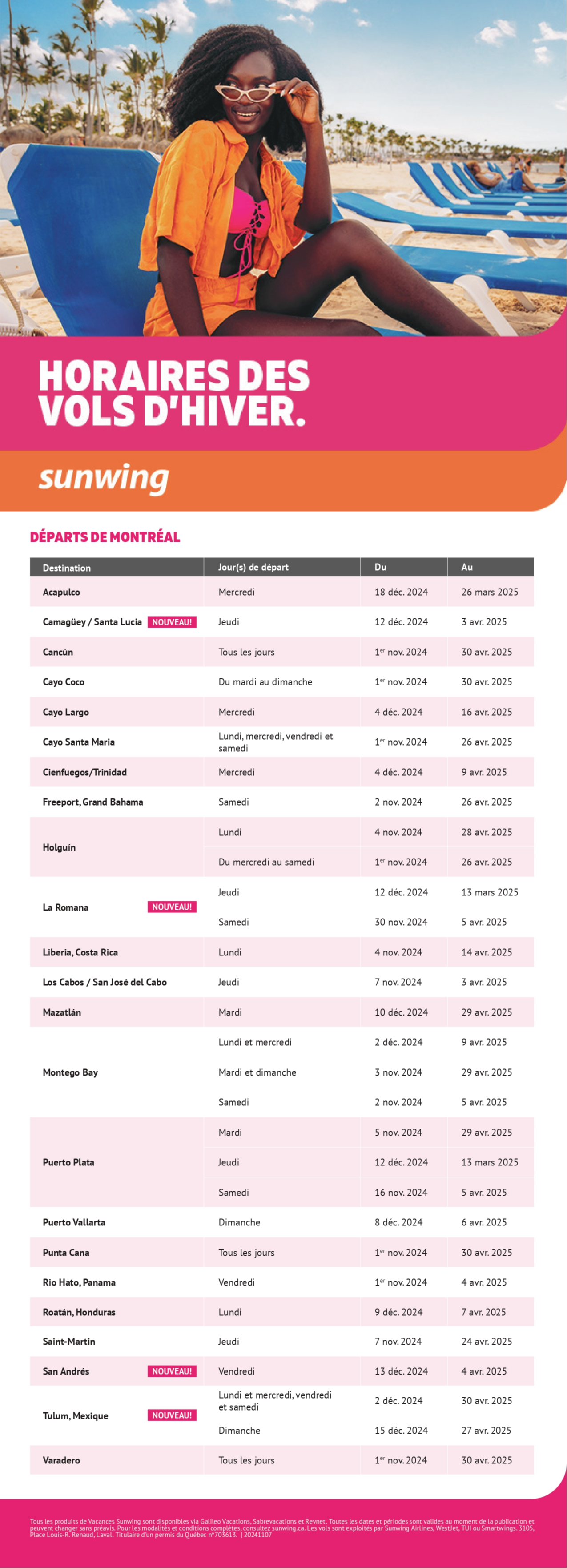 Horaires des vols d'hiver Vacances Sunwing avec Voyages Aqua Terra