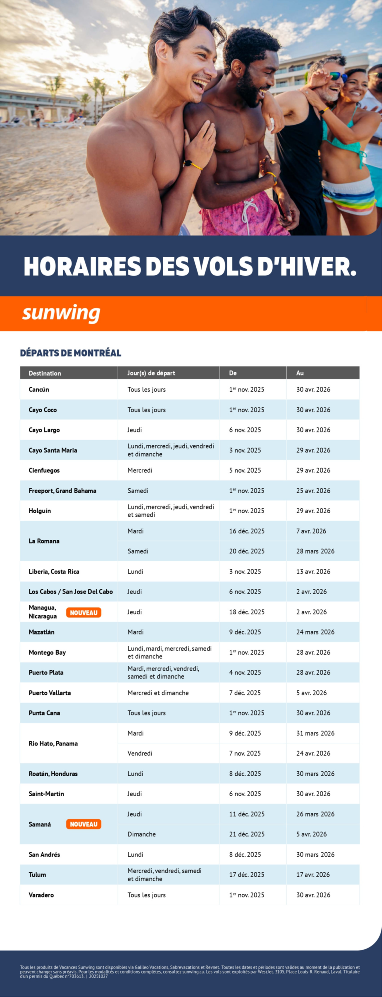 Horaires des vols d'hiver Vacances Sunwing avec Voyages Aqua Terra