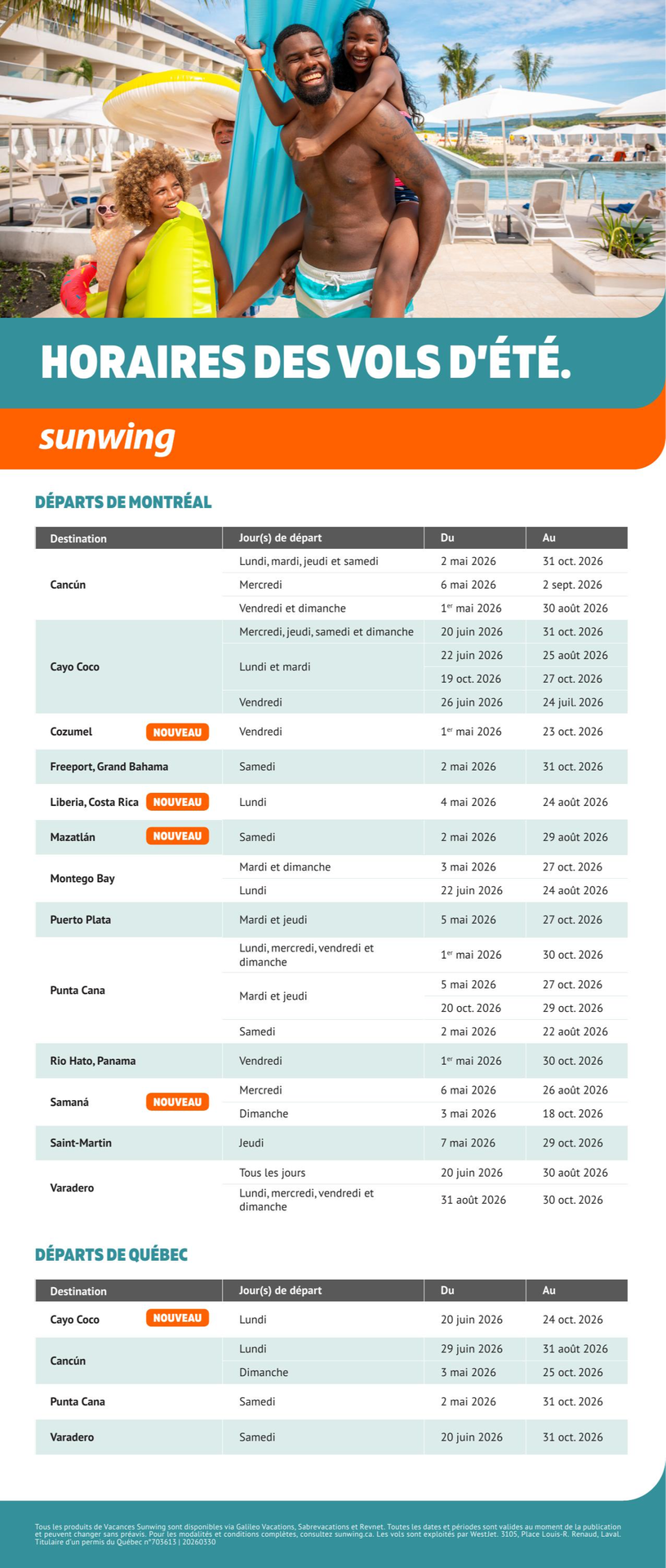 Promotion Vacances Sunwing Horaires des vols d'&eacute;t&eacute;&nbsp;avec Voyages Aqua Terra