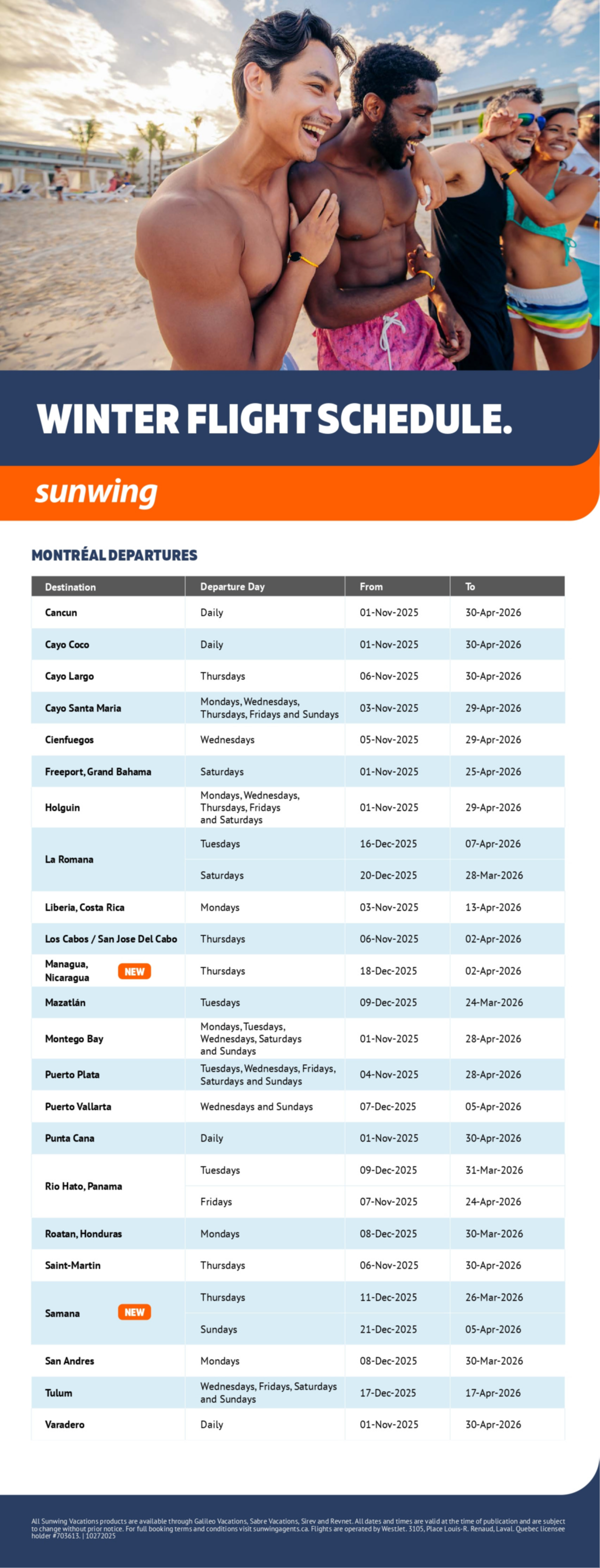 Sunwing Vacations winter flight schedule with Voyages Aqua Terra