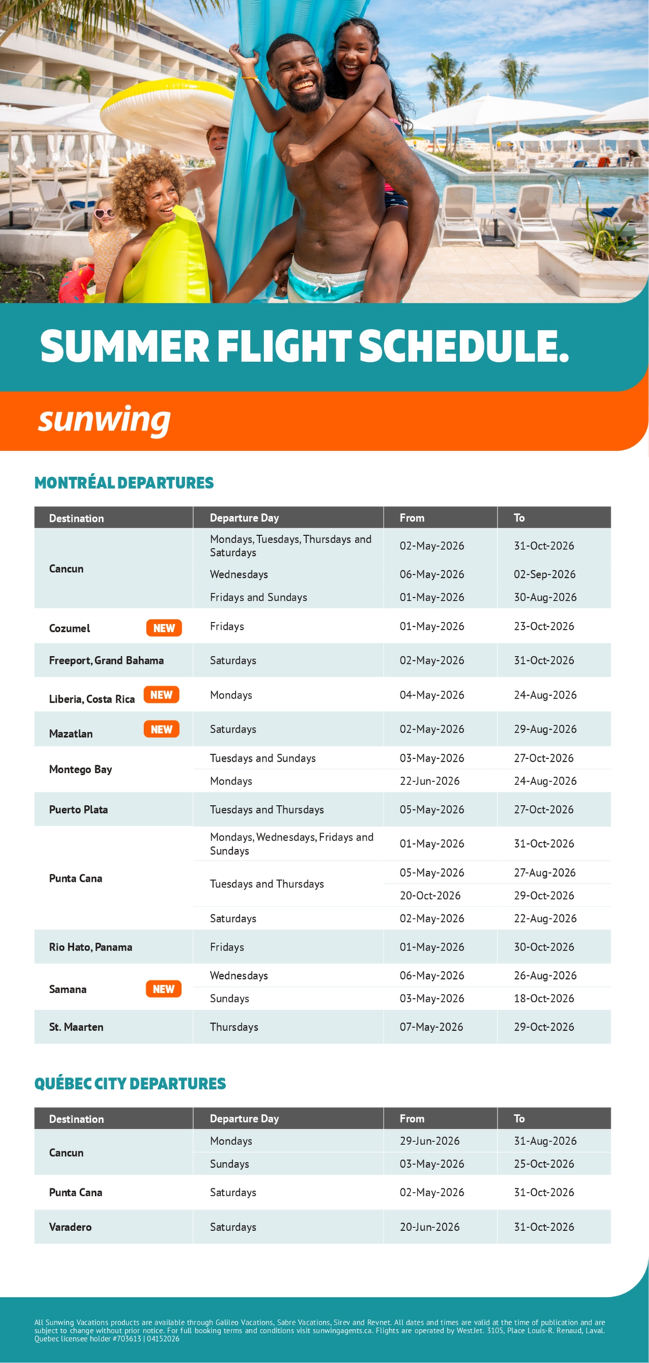 Sunwing Promotion Summer Flight Schedule with Aquaterra Travels