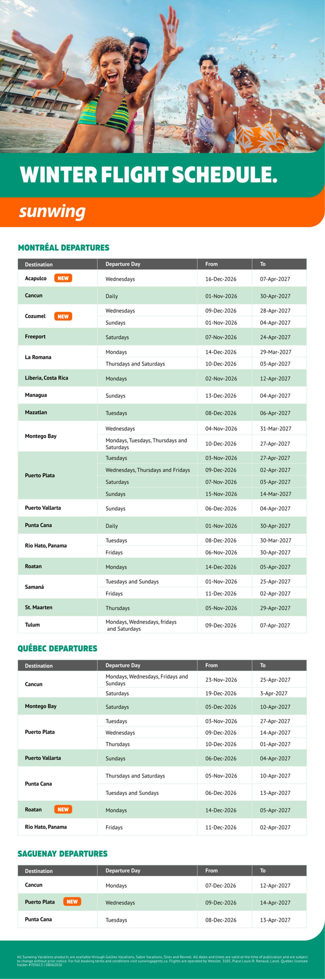 Sunwing Promotion Winter flight schedule with Voyages Auqaterra