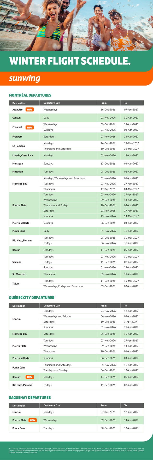 Sunwing Promotion Winter flight schedule with Voyages Auqaterra Sunwing Promotion Winter flight schedule with Voyages Auqaterra