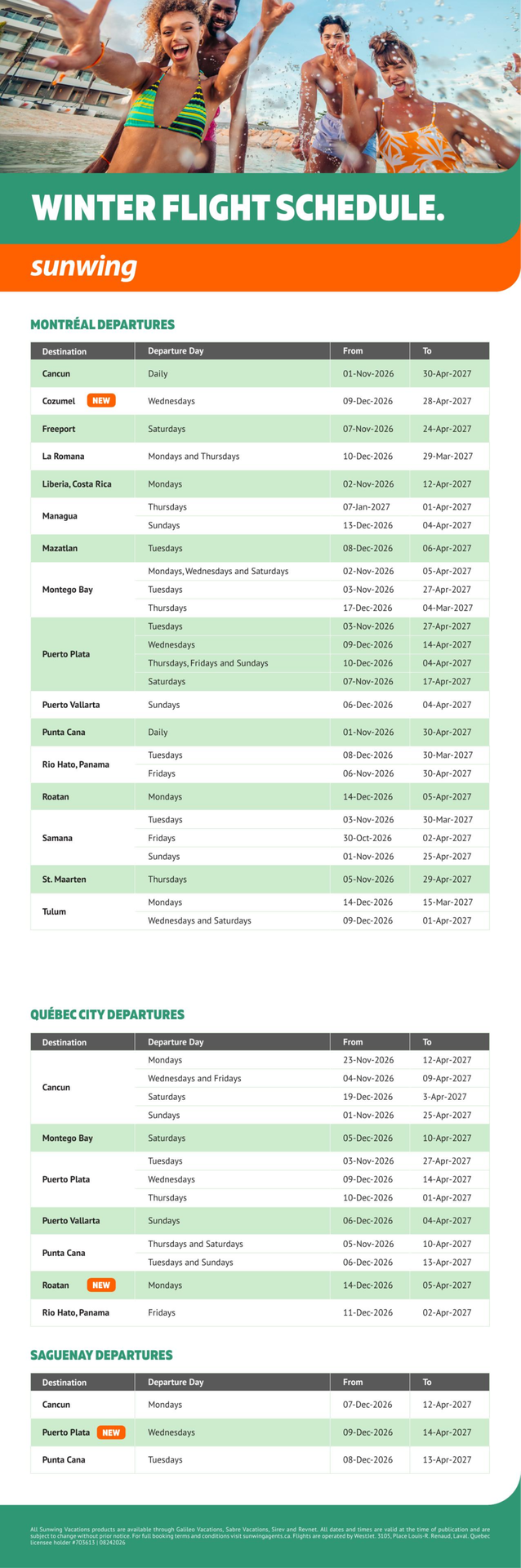 Sunwing Promotion Winter flight schedule with Voyages Auqaterra Sunwing Promotion Winter flight schedule with Voyages Auqaterra