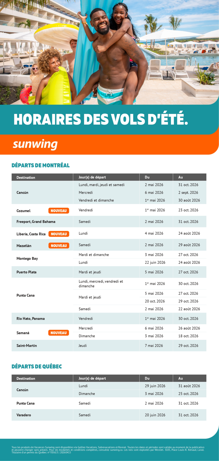 Promotion Sunwing Horaires des vols d'&eacute;t&eacute; avec Voyage Aquaterra