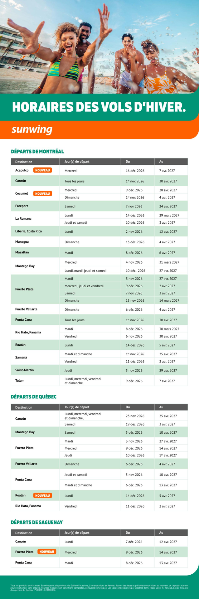 Promotion Horaires des vols d'hiver avec Voyages Aquaterra