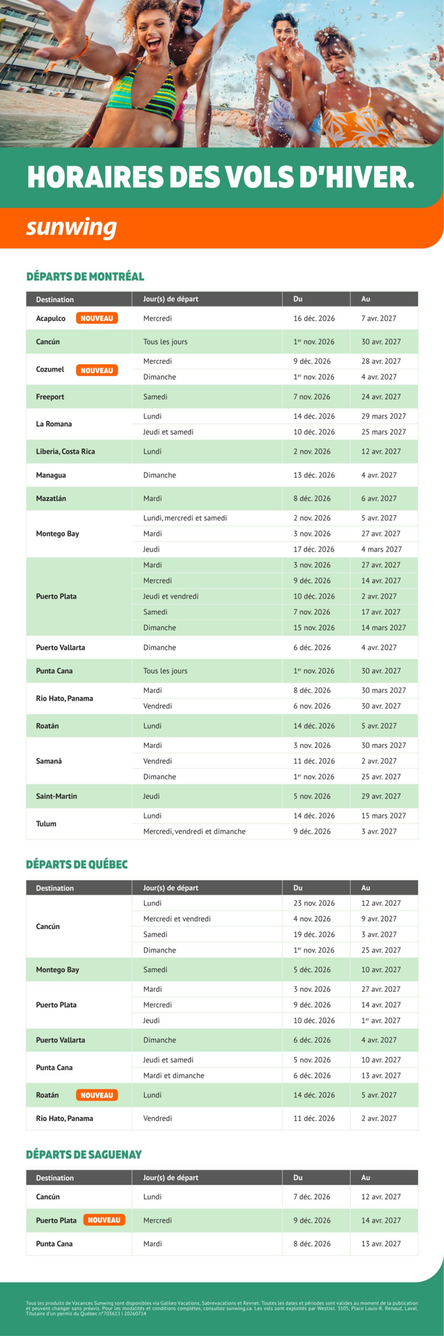 Promotion Horaires des vols d'hiver avec Voyages Aquaterra Promotion Horaires des vols d'hiver avec Voyages Aquaterra
