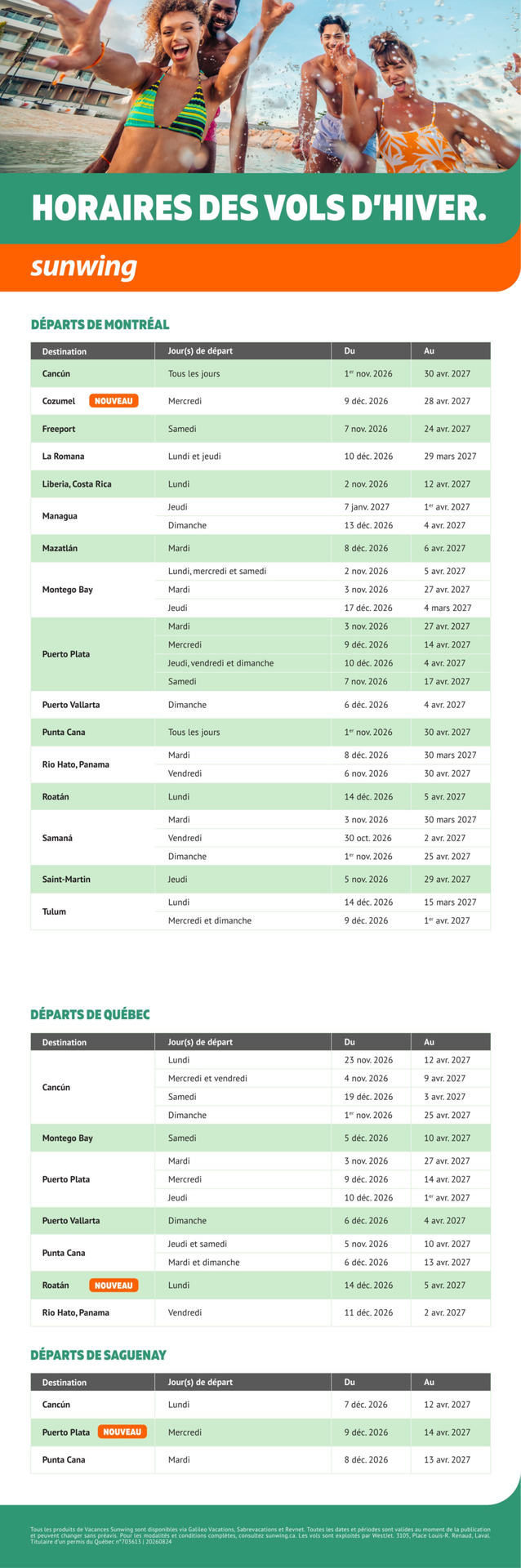 Promotion Horaires des vols d'hiver avec Voyages Aquaterra Promotion Horaires des vols d'hiver avec Voyages Aquaterra