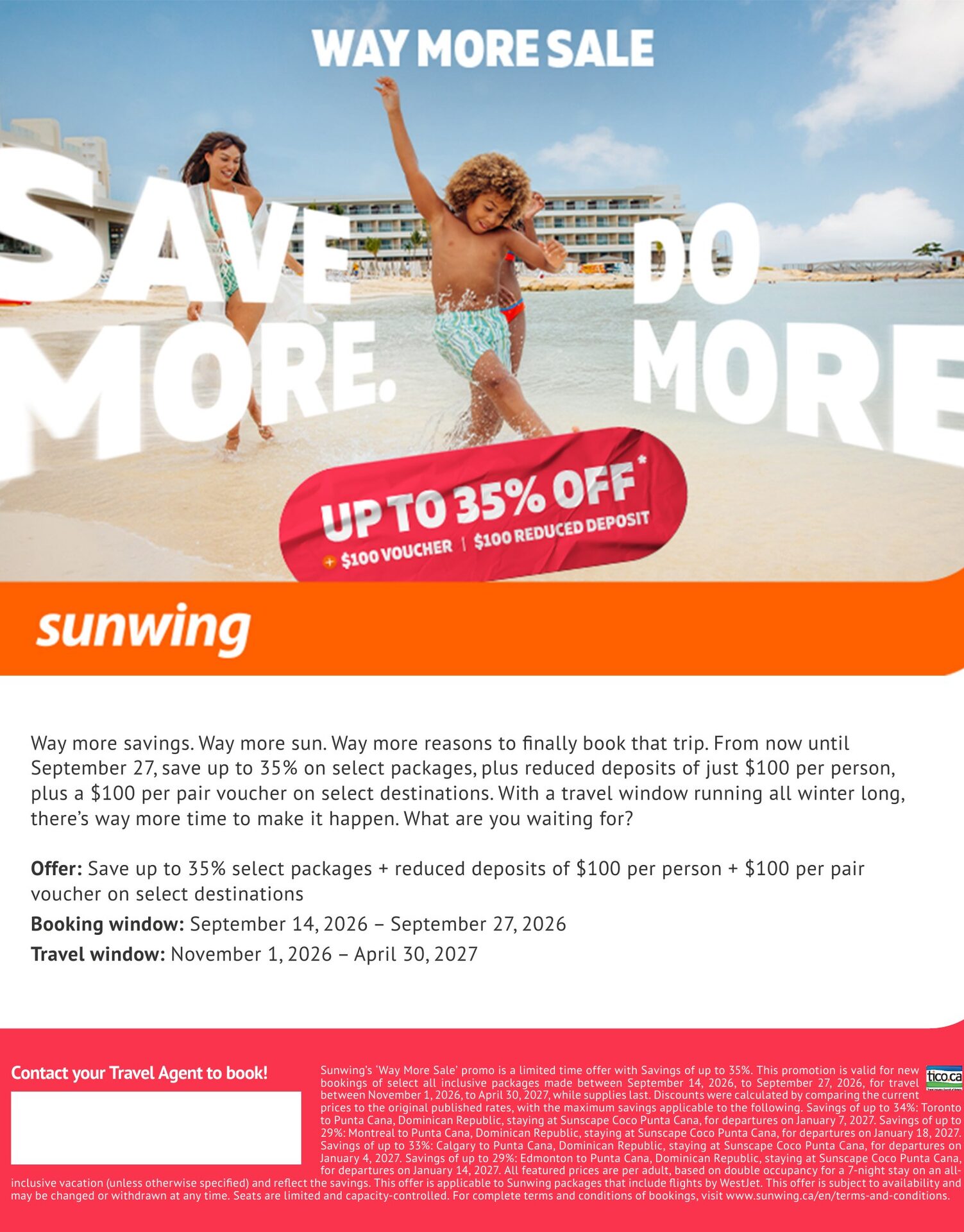 Sunwing Vacations Way More Sale: save up to 35% on select packages with a reduced deposit, book by September 27, 2026, with Voyages AquaTerra Sunwing Vacations Way More Sale: save up to 35% on select packages with a reduced deposit, book by September 27, 2026, with Voyages AquaTerra