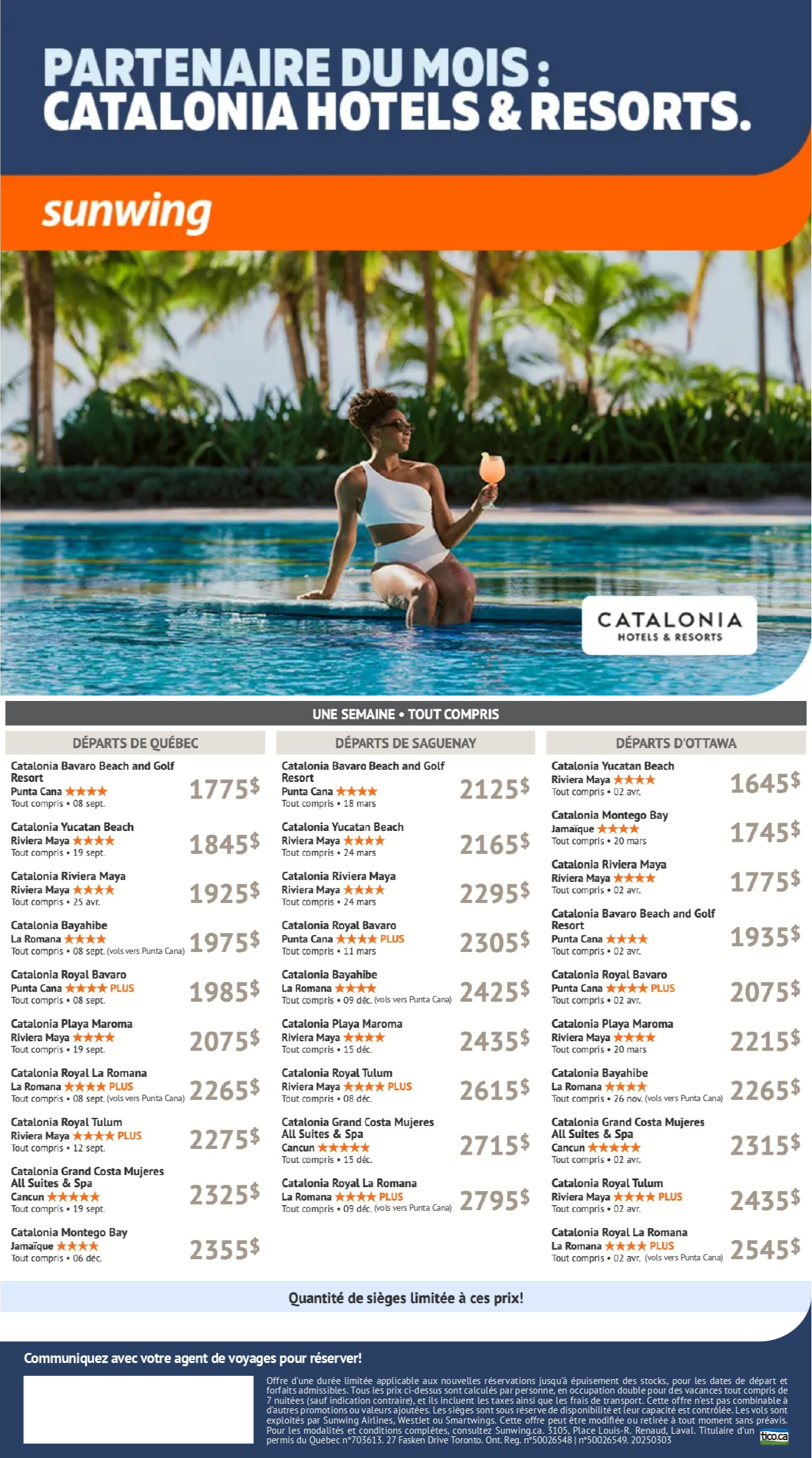 Promotion Vacances Sunwing Partenaire du mois Catalonia Hotels and Resorts avec Voyages Aqua Terra