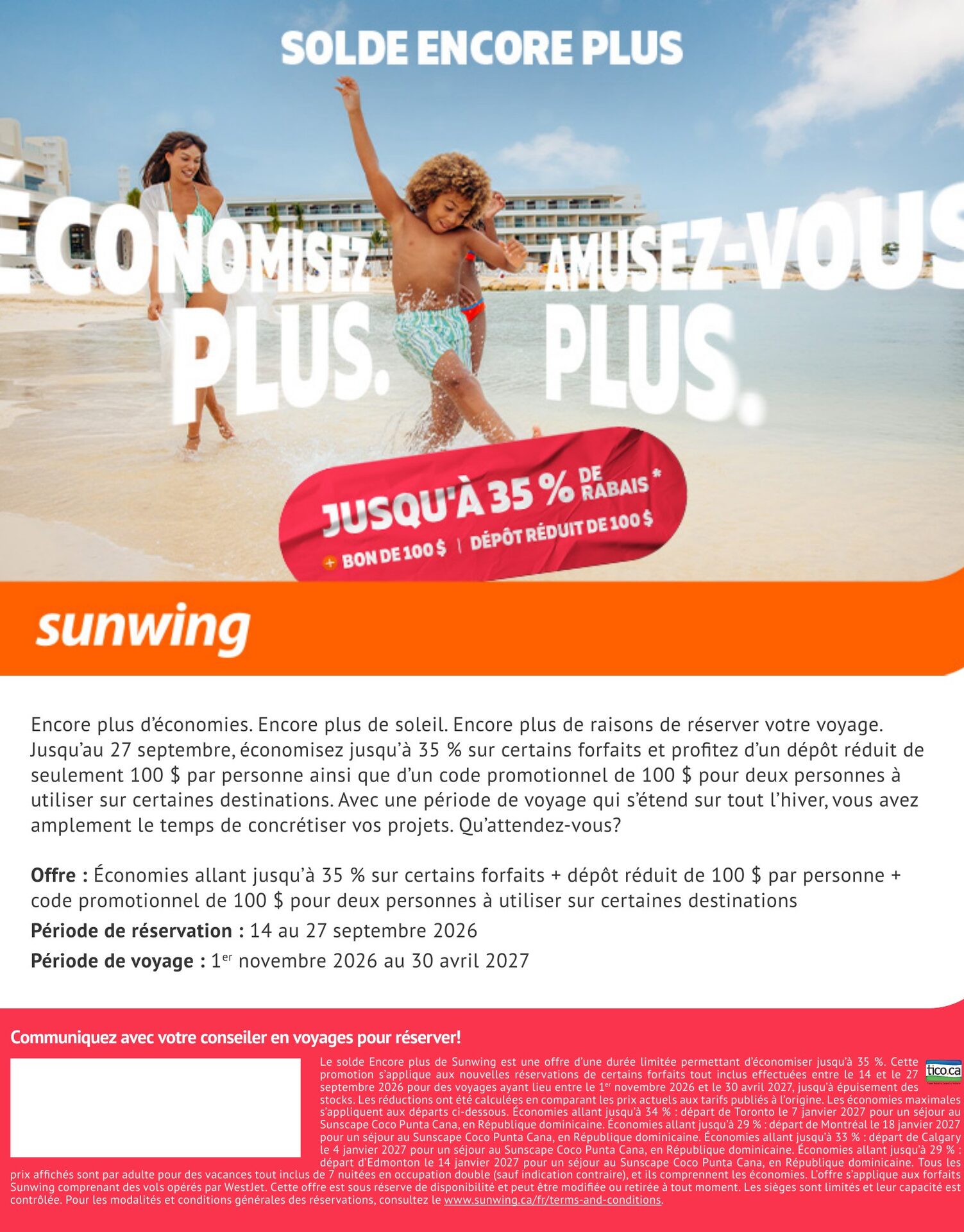 Vacances Sunwing, Solde Encore Plus : jusqu'à 35 % de rabais sur certains forfaits et dépôt réduit, réservation avant le 27 septembre 2026, avec Voyages AquaTerra Vacances Sunwing, Solde Encore Plus : jusqu'à 35 % de rabais sur certains forfaits et dépôt réduit, réservation avant le 27 septembre 2026, avec Voyages AquaTerra