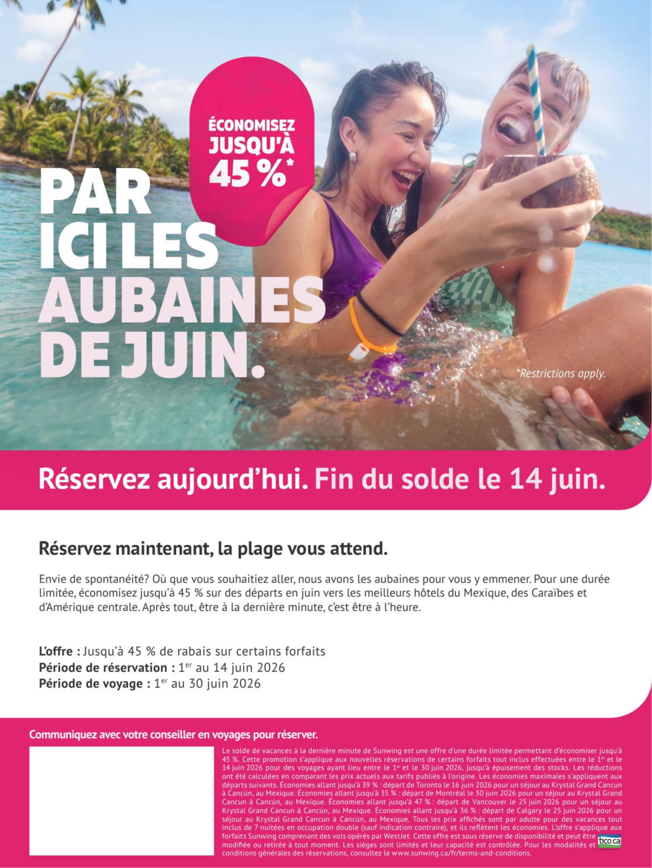 Promotion Sunwing Par Ici les aubaines de Juin aver Voyages Aqua Terra