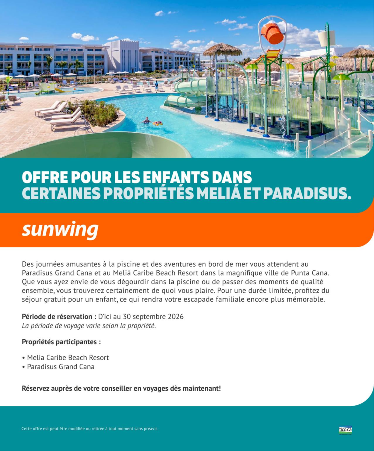Promotion Sunwing Offres pour les enfants avec Voyages Aquaterra Promotion Sunwing Offres pour les enfants avec Voyages Aquaterra