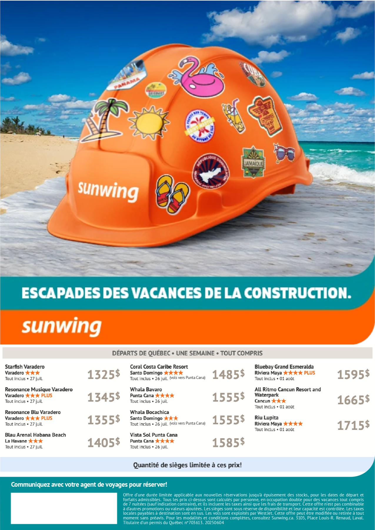 Promotion Vacances Sunwing Escapades des vacances de la construction avec Voyages Aqua Terra