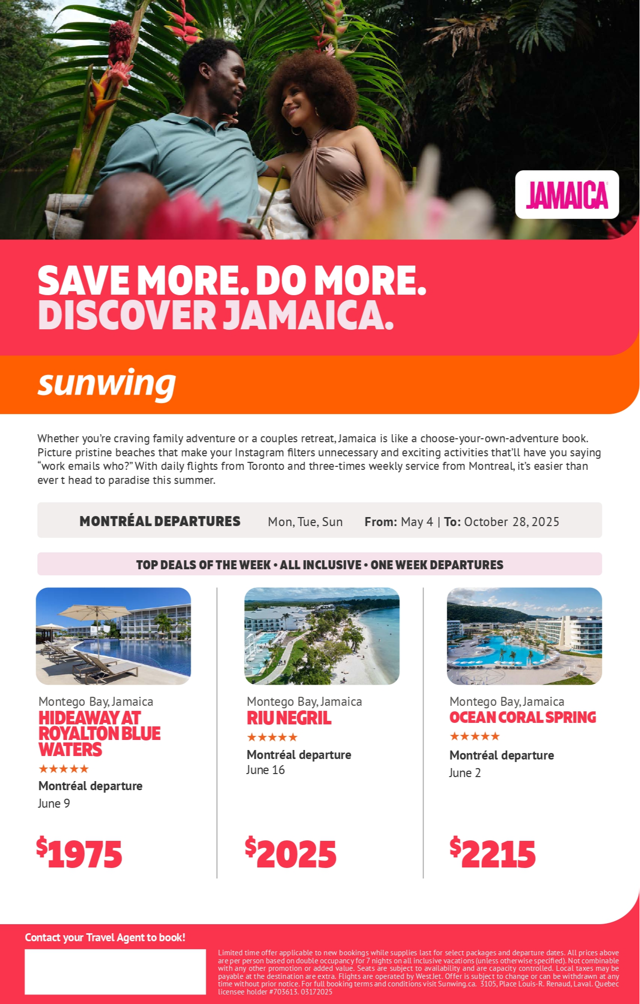 Sunwing Vacations Promotion Save More Do More Discover Jamaica with Voyages Aqua Terra