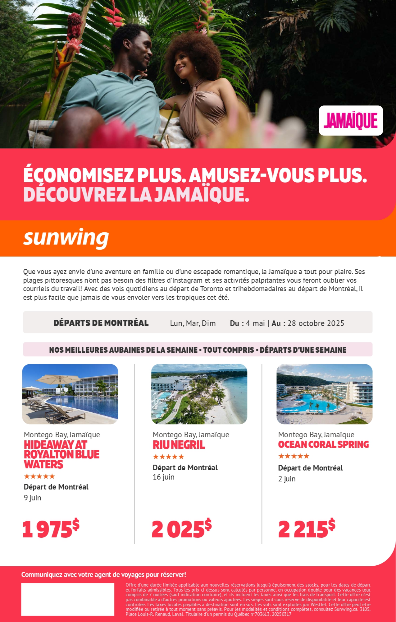 Promotion Vacances Sunwing Économisez Plus Amusez-vous Plus Découvrez la Jamaique avec Voyages Aqua Terra