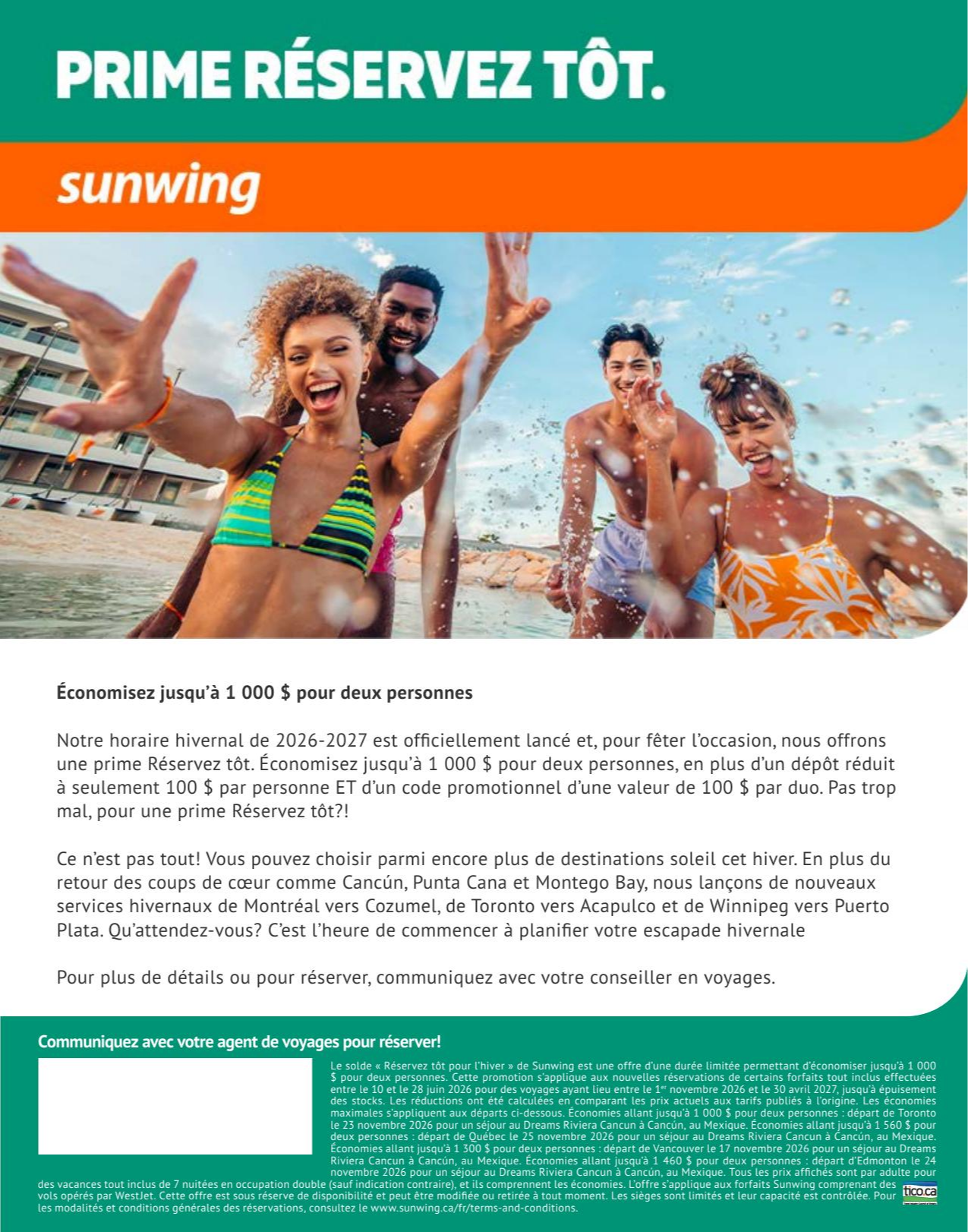 Promotion Sunwing Prime R&eacute;servez t&ocirc;t avec Voyages AquaTerra