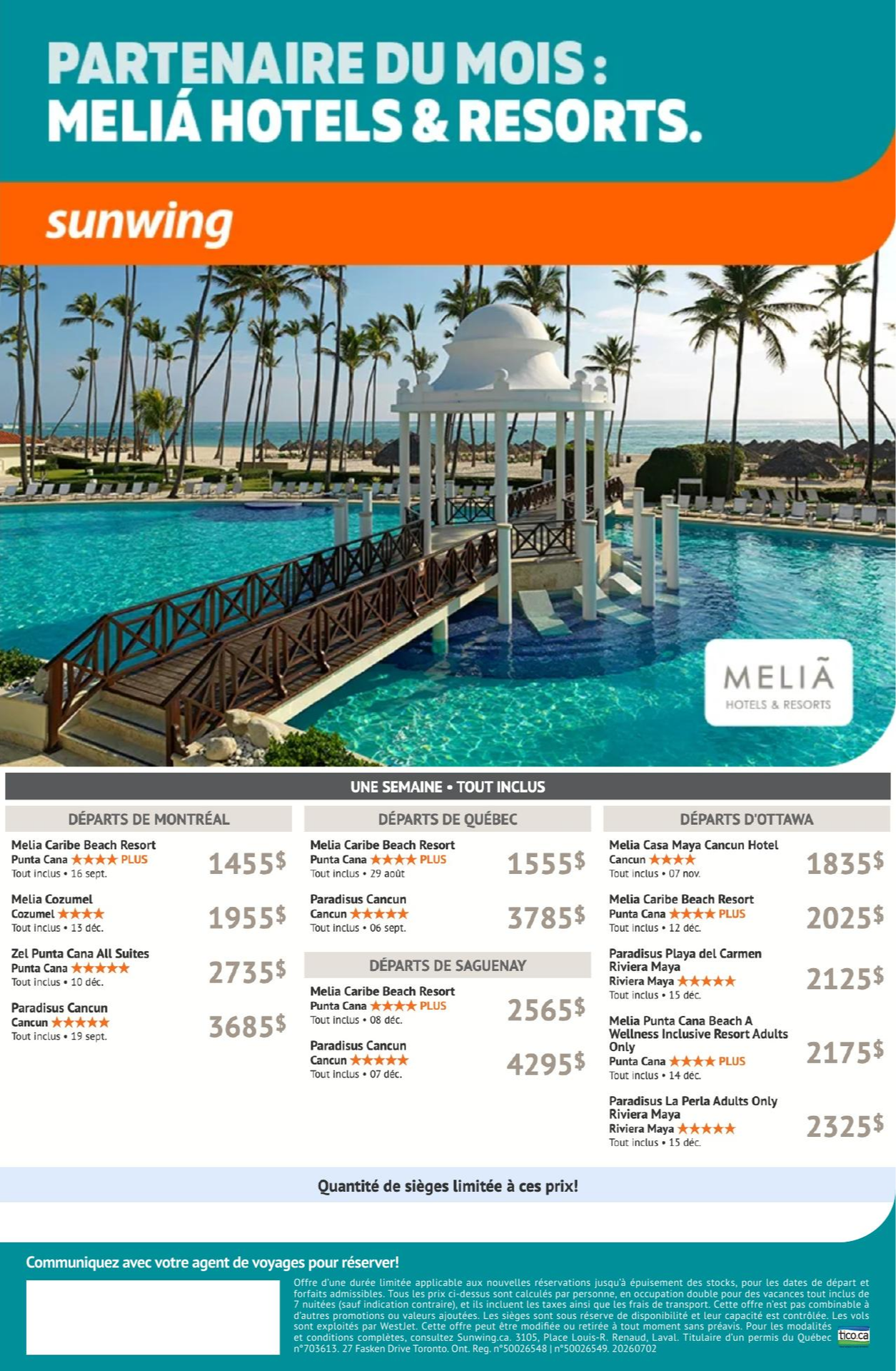 Promotion Sunwing partenaire du mois : Melia Hotels & Resorts avec Voyages AquaTerra Promotion Sunwing partenaire du mois : Melia Hotels & Resorts avec Voyages AquaTerra