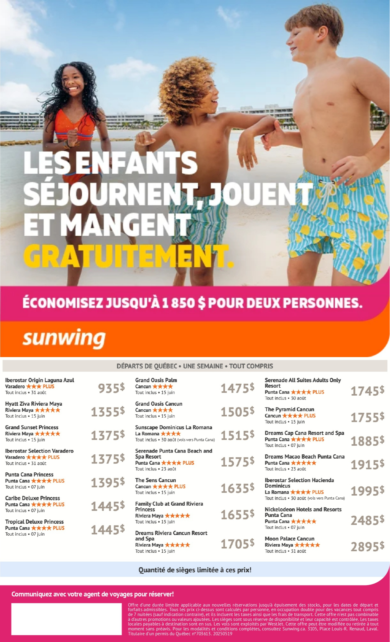 Promotion Vacances Sunwing Les Enfants Séjournent Jouent et Mangent Gratuitement avec Voyages Aqua Terra