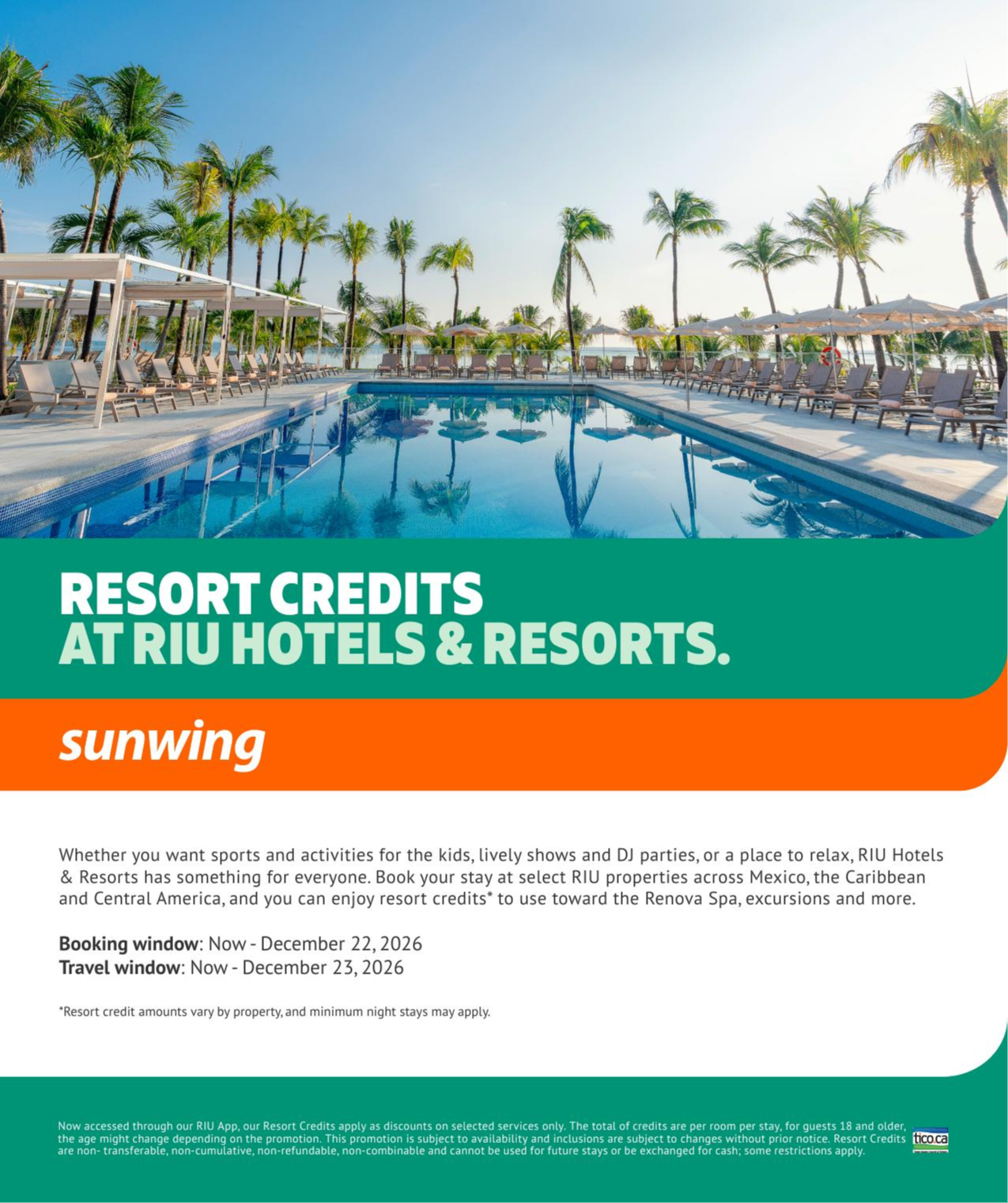 Sunwing Vacations Promotion Hotel credits with Riu Hotels&nbsp;with Voyages Aqua Terra
