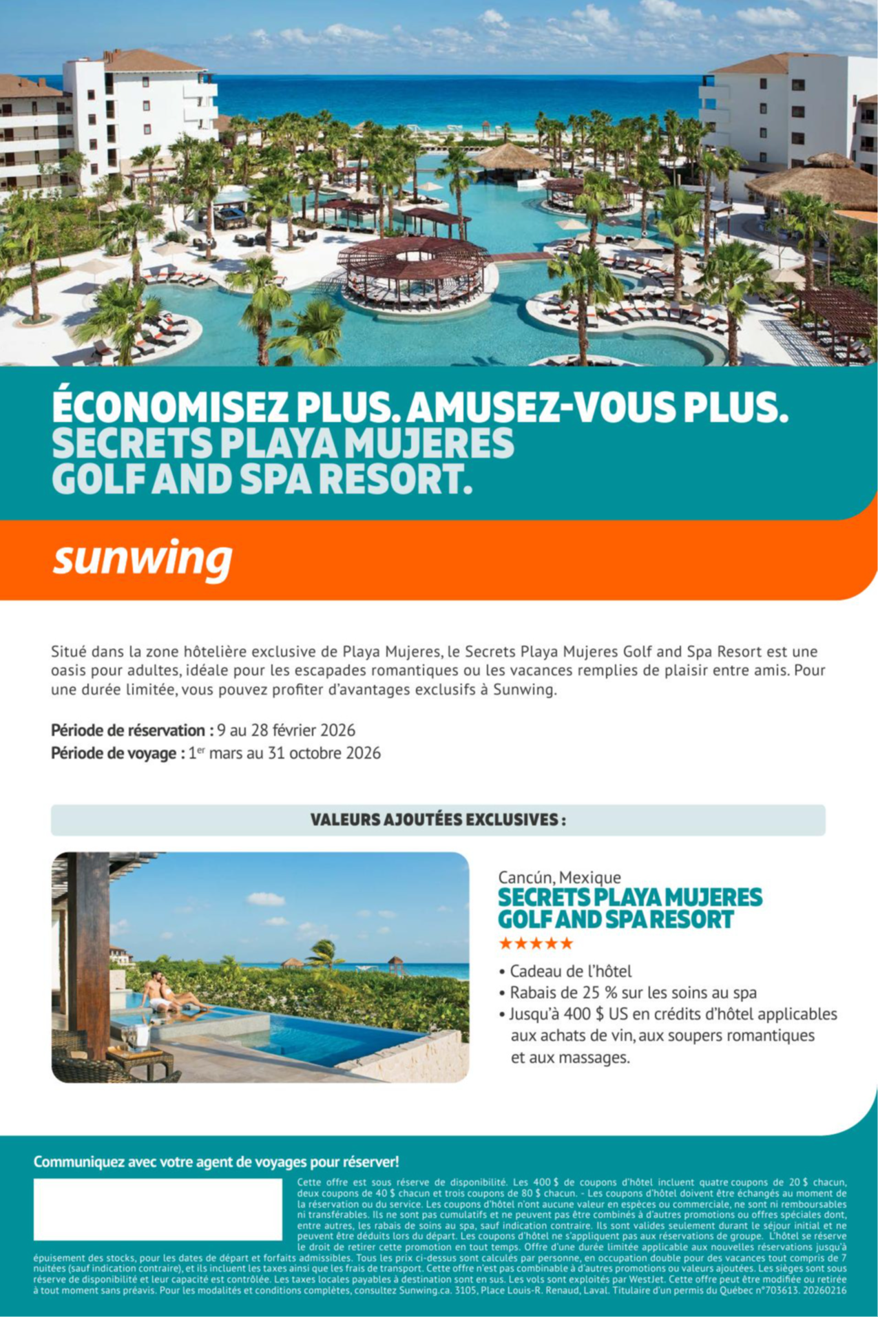 Promotion Vacance Sunwing Secrets Playa Mujeres avec Voyages AquaTerra