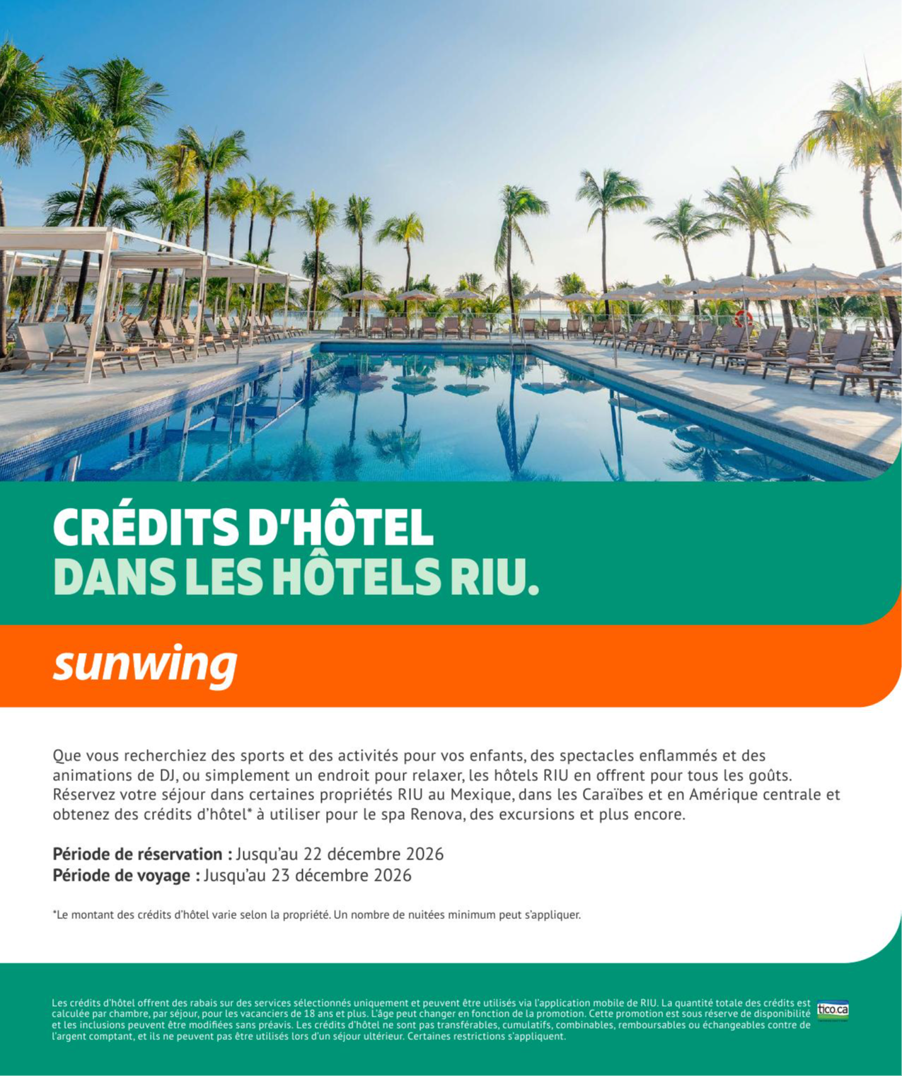 Promotion Vacances Sunwing cr&eacute;dits d'hotels dans les hotels Riu&nbsp;avec Voyages Aqua Terra