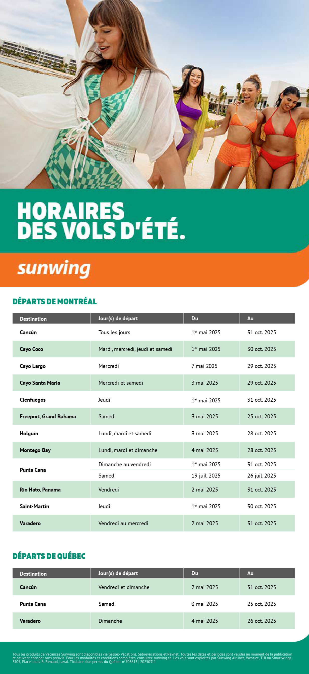 Horaires des vols d'été Vacances Sunwing avec Voyages Aqua Terra