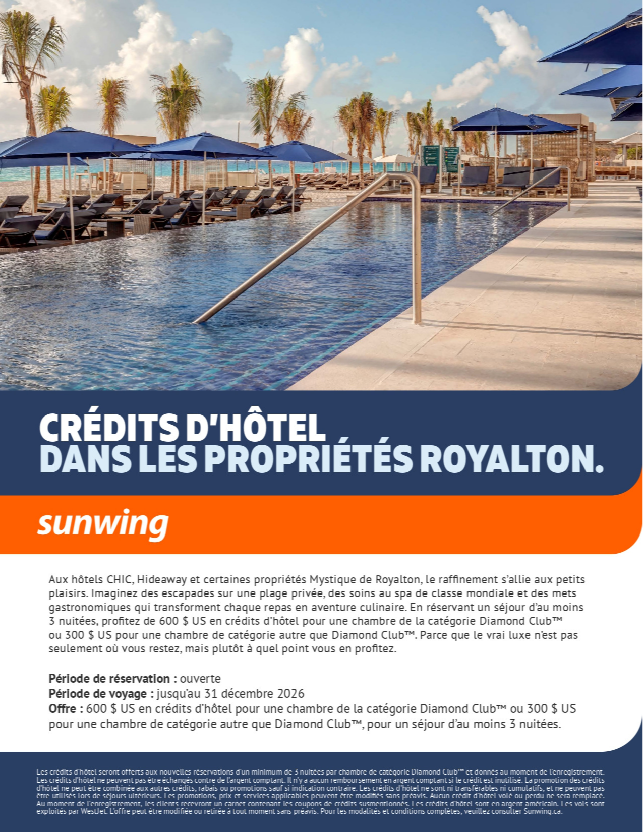 Promotion Vacances Sunwing Credits d’hôtel dans les propriétés Royalton Resorts avec Voyages Aqua Terra Promotion Vacances Sunwing Credits d’hôtel dans les propriétés Royalton Resorts avec Voyages Aqua Terra
