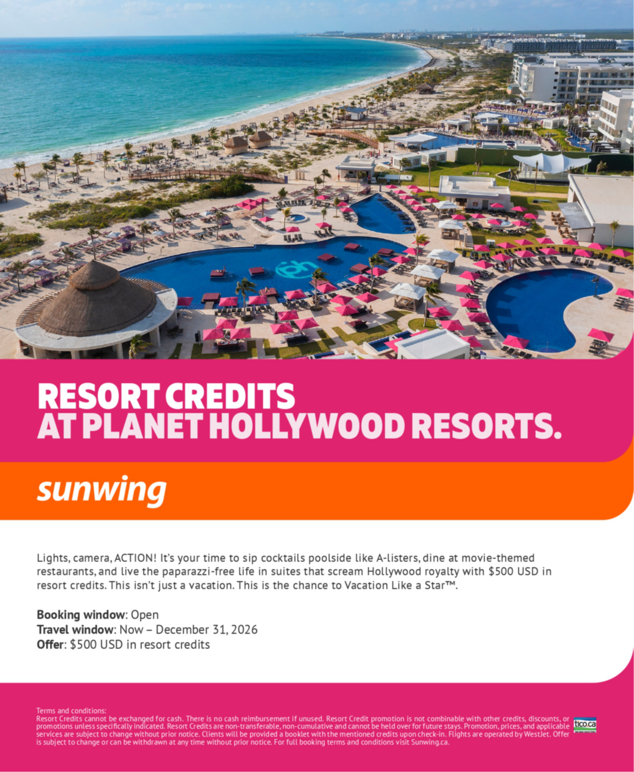 Sunwing Vacations Promotion Resort Credits at Planet Hollywood Resorts with Voyages Aqua Terra Donnacona