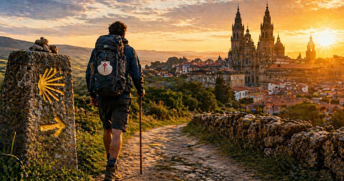 A pilgrim walks the Camino de Santiago at sunset, between stone walls and golden hills, in an atmosphere of peace and personal transformation.